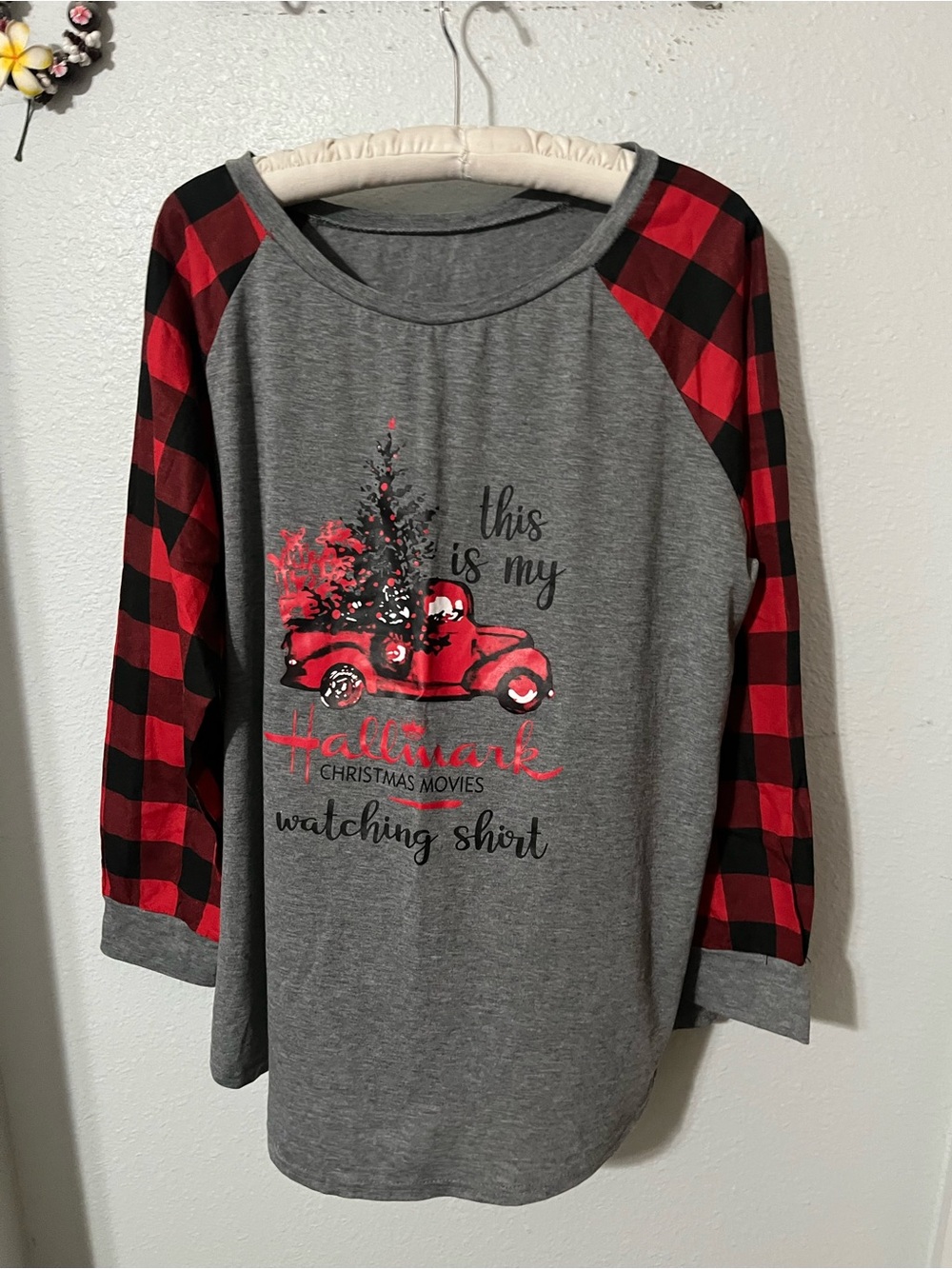 Hallmark Gray Long-Sleeve Tee with Red & Black Buffalo Plaid Sleeves